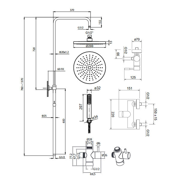 La Torre New Tech 12065-221 Antique Brass Στήλη Ντους Με Μπαταρία