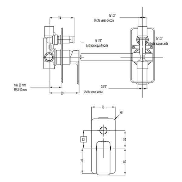 Eurorama Quadra 144030SL-400 Black Matt Επιτοίχιος Μίκτης Με Εκτροπέα
