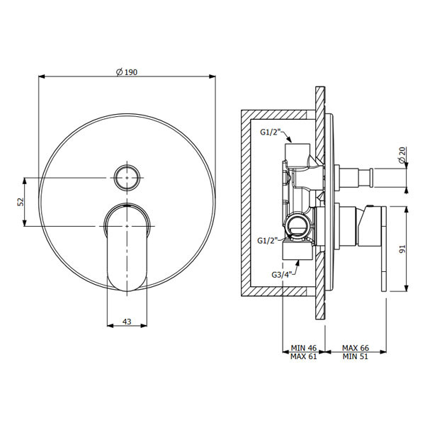 Armando Vicario Slim 500050D-424 Rusty Black Επιτοίχιος Μίκτης Με Εκτροπέα