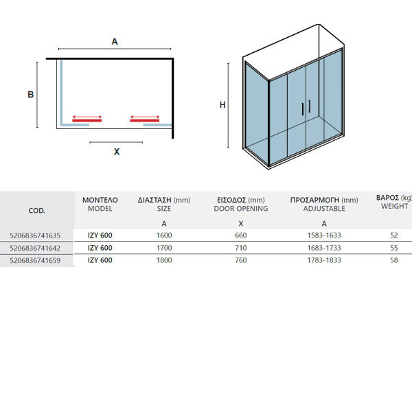 Karag Izy 600 Καμπίνα Ντουζιέρας Τοίχο - Τοίχο
