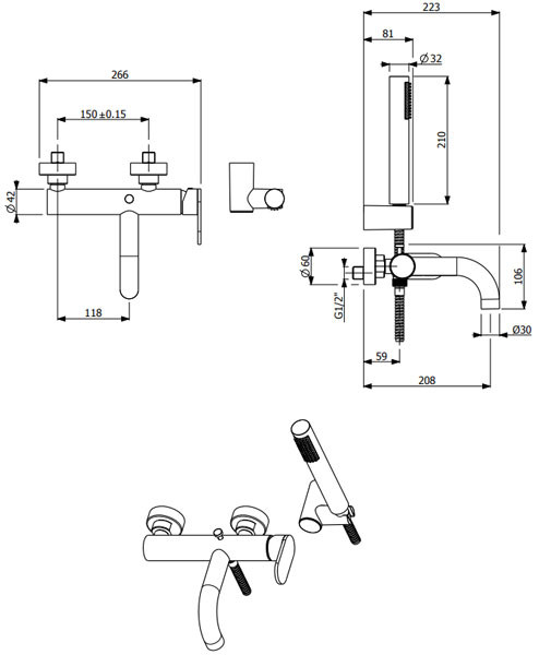 Armando Vicario Slim 500100-110 Inox Finish Μπαταρία Λουτρού
