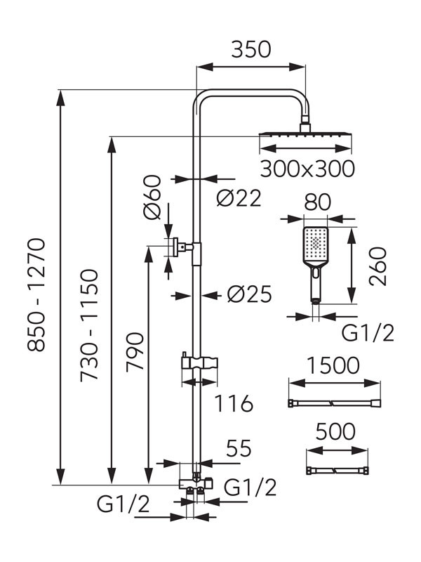 Ferro Wizard Square Pro NP48 Chrome Στήλη Ντους Χωρίς Μπαταρία