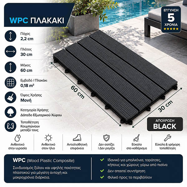 WPC DECK Πλακάκι Συνθετικό Black