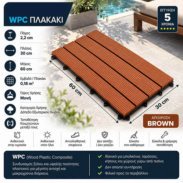 WPC DECK Πλακάκι Συνθετικό Brown