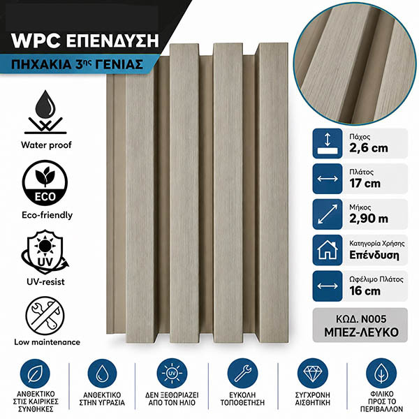 WPC Επένδυση Πηχάκια 3ης Γενιάς Μπεζ-Λευκό Ν005